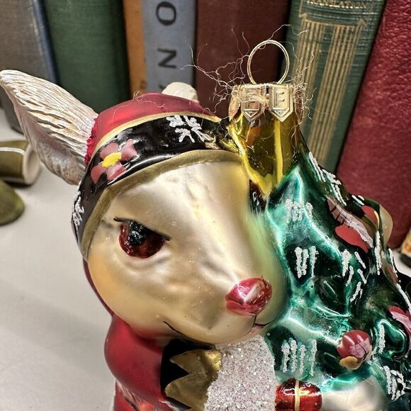 Fitz and Floyd Lodge Rabbit Blown Glass Ornament Bunny Hugging Christmas Tree - Picture 4 of 9